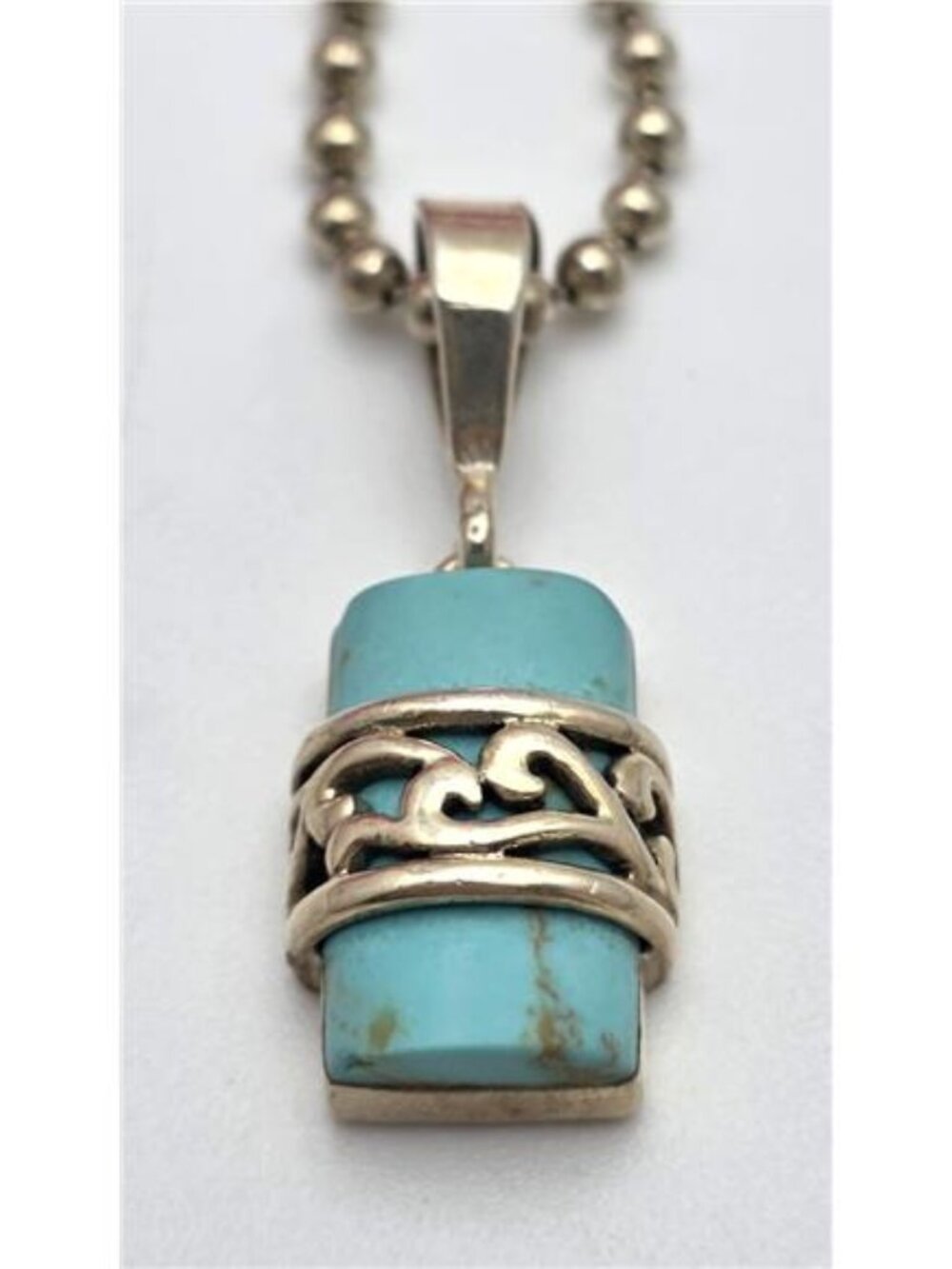 925 Sterling Silver Turquiose Pendant Necklace 24 in Ball Bead Chain Italy - Picture 2 of 10